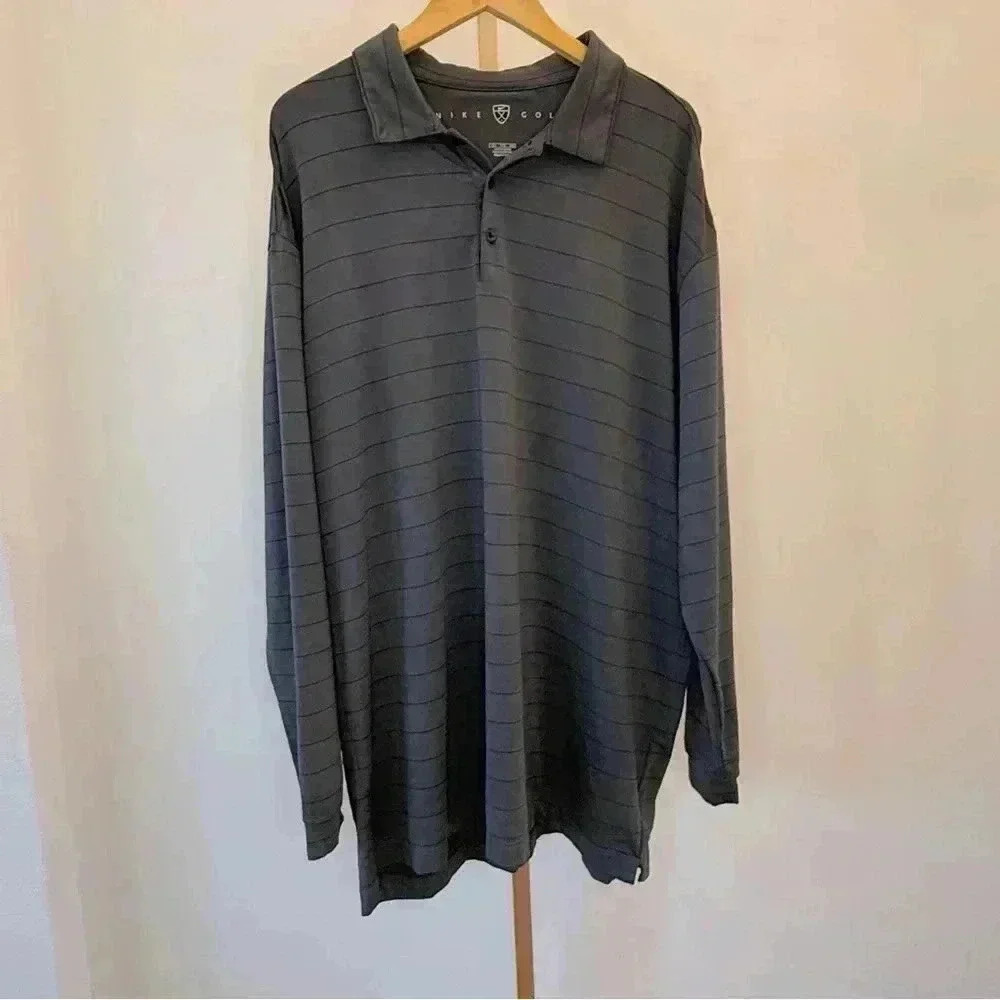 Nike Golf Men's 2XL Gray Striped Long Sleeve Polo Shirt Casual NIKE FITDRY
